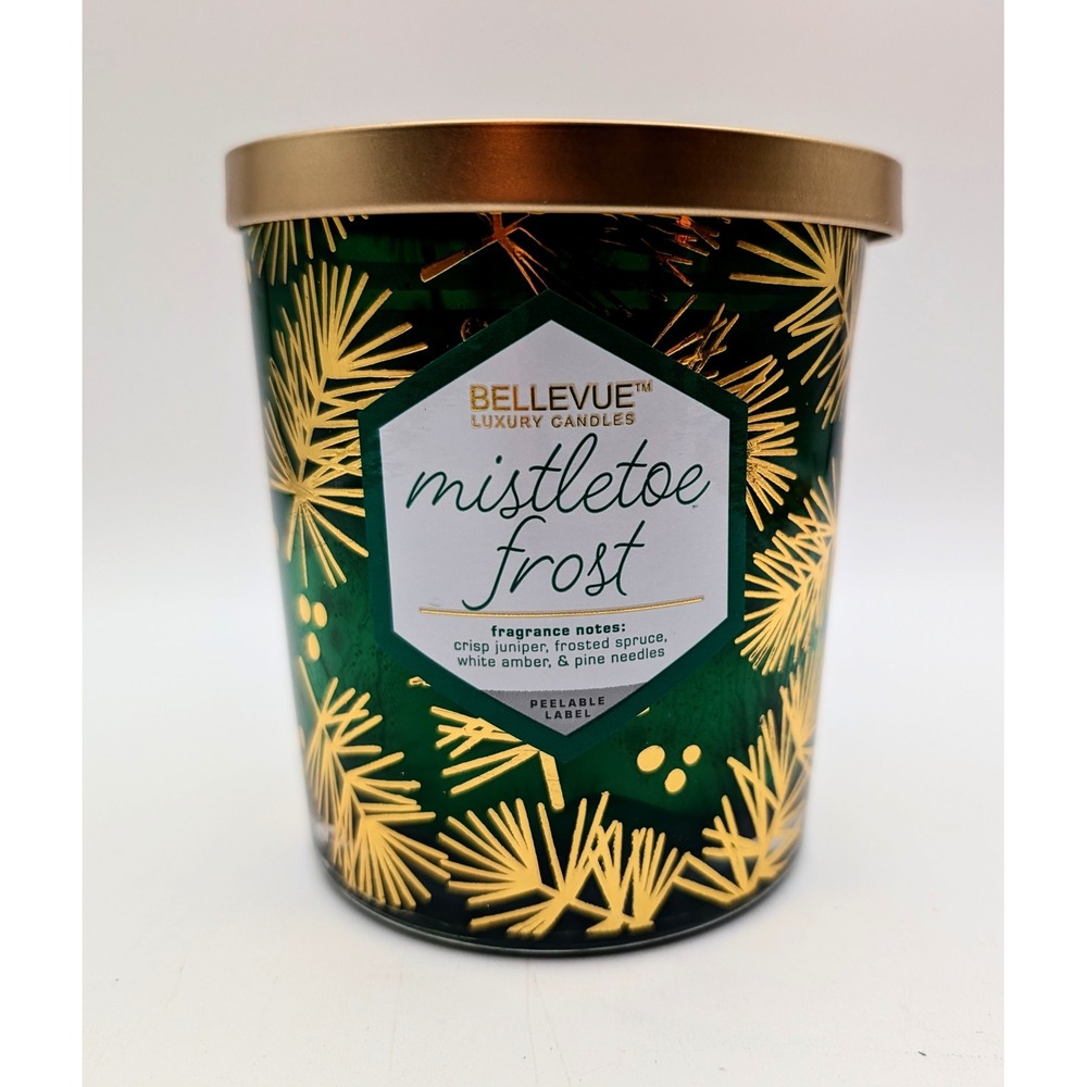 Bellevue Luxury Candles Mistletoe Frost 2-Wick Scented Candle 12oz Green Gold